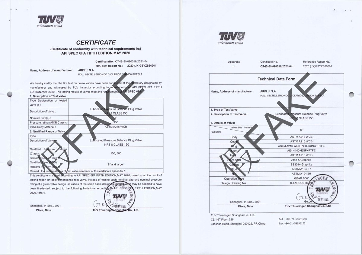 Fake Fire Safe Test Certificates of ARFLU